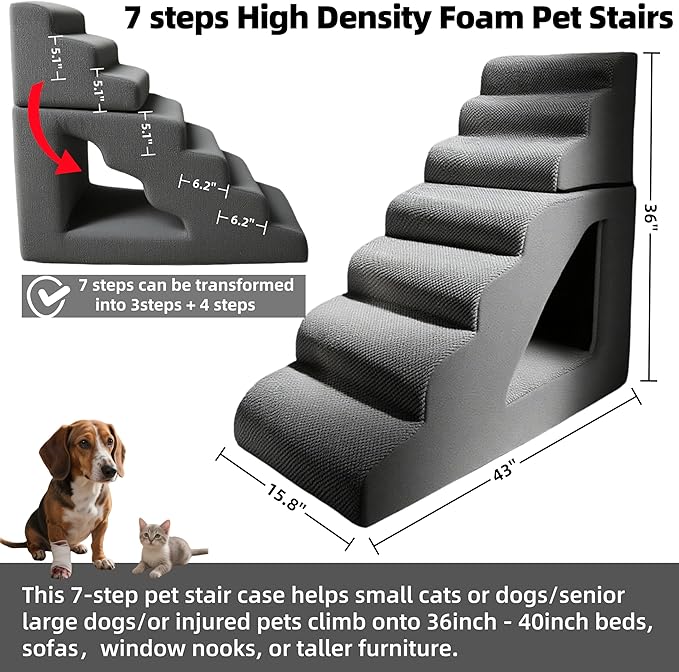7 Step Pet Stairs Ramp for High Beds Sofas 22-42 Inch, Non-Slip Dog Stairs for Small Old Medium Large XL Dogs Cats, Sturdy 75 Pounds 33D Foam Balanced 6-Tier Ladder with Machine Washable Cover