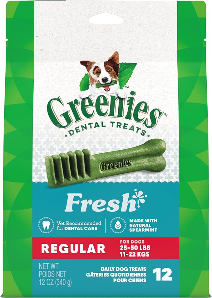 Greenies Regular Dental Dog Treats, Fresh Flavor, 12 oz. Pack (12 Treats)