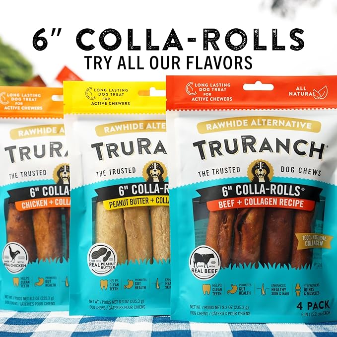 Collagen Rolls - 6" Collagen Rolls for Dogs - Long Lasting Healthy Joint Support Dog Treat - Rawhide Alternative - Skin & Coat Health - Made with Real Peanut Butter, 1 Bag, 4 Count