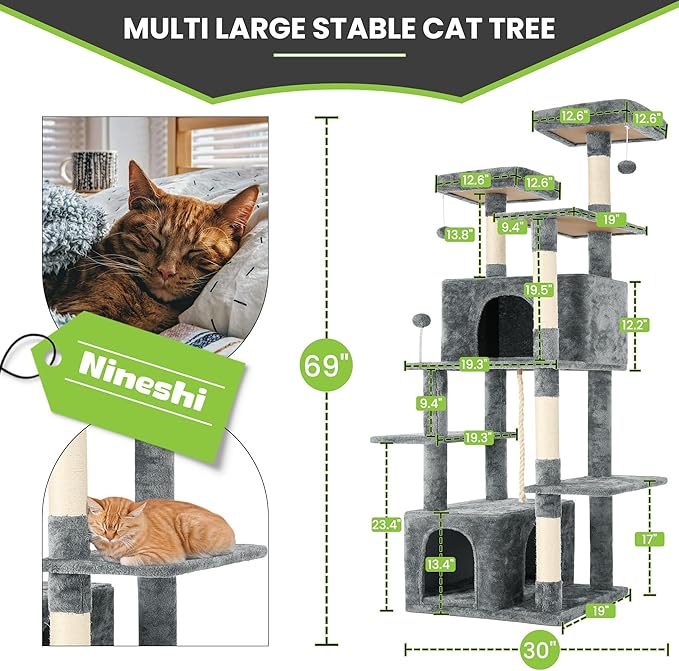 69in Large Cat Tree Tower for Indoor Cats with Soft Plush Hang Ball, Two Condos, Sisal Scratch Posts & Rope Play for Kittens/Adult Cats, Grey