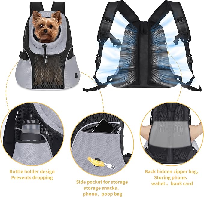 WOYYHO Pet Dog Carrier Backpack Small Dog Front Backpack Ventilated Mesh Dog Travel Back Pack with Safety Belt for Travel Hiking Cycling Outdoor Adventures (Size M: 5-9 lbs, Grey)
