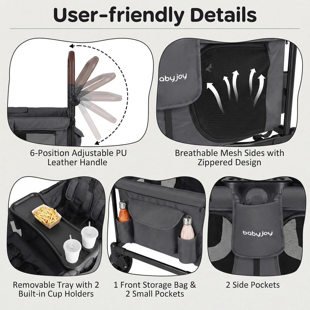 BABY JOY Wagon Stroller for 4 Kids, Foldable Stroller Wagon with Removable Canopy, Adjustable Handle, Snack Tray, Parent Organizer, 5-Point Safety Harness, Convertible Diaper Bag/Changing Pad (Black)