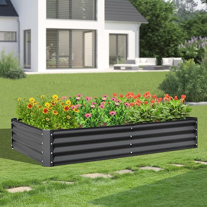 Domi Galvanized Raised Garden Bed, 8x4x1Ft Thickening Metal Planter Box for Vegetables Bottomless for Backyard Outdoor, 1" Deep w/ 228 Gallon Capacity - Dark Gray