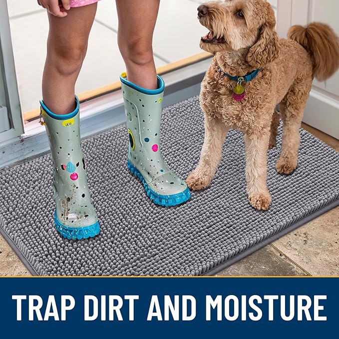 Smiry Dog Door Mat for Muddy Paws 54x24, Absorbs Moisture and Dirt Doormat, Non-Slip Washable Quick Dry Chenille Front Door Mat Indoor Entrance, Entryway Carpet for Inside Floor, Grey