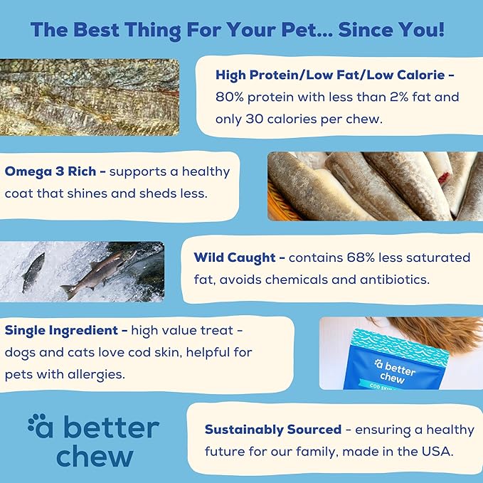 A Better CHEW – Wild Caught Cod Skin Dog Treats | Sourced and Made in The USA, Single Ingredient, Dehydrated | Natural, Healthy Alternative to Rawhides + Bully Sticks, Long Lasting Chew