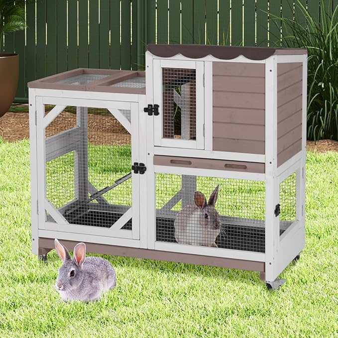 Wooden Rabbit Hutch with Two Story, Bunny Cage with Leak-Proof Trays, and Chew-Proof Ramp, Guinea Pig Cage with Wheels, Suitable for Indoor/Outdoor Use (Brown)