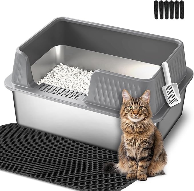 Suhaco Stainless Steel Litter Box Side Entry, Kitty Litter Mat and White Scoop Included Covered Metal High Sided Extra Large Cat Litter Box with Lid Removable Enclosure for Medium Cats (Tall Grey)