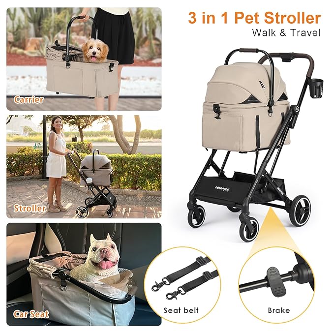X2 Pet Stroller, Dog Cat Stroller for Small Pets Under 44lbs, Equipped with Detachable & Foldable Carrier, Waterproof Pad & Sunshade Canopy,Camel (Camel)