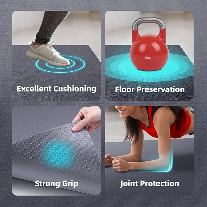 Large Exercise Mat for Home Workout,12‘x6’/10'x6'/9'x6'/8'x6'/7'x5'/6'x4' (7mm) Extra Thick Workout Mat, High-Density Gym Mat for Cardio, Jump Rope, MMA, Weights (Shoe-Friendly)
