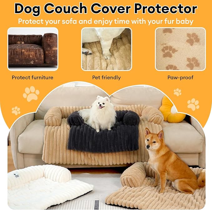 FUNNY FUZZY Pet Couch Cover for Sofa, Calming Dog Bed for Couch, Fluffy Plush Dog Couch Mat for Furniture Protector for Large Medium Small Dogs and Cats, Cream White