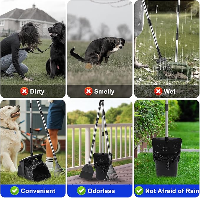 Dog Poop Scooper with 20 Bag Attachment Long Handle Swivel Bin, Rake & Spade Heavy Duty Easy to Clean Pooper Scooper for Large Medium Dogs Pet Waste Removal Solution for Yard, Grass, Gravel