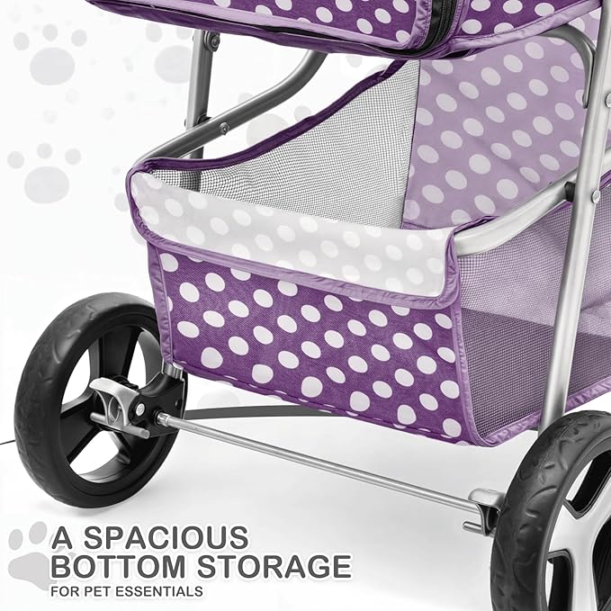 MoNiBloom 3 Wheels Pet Dog Cat Stroller for Small Medium Dogs Cats, Foldable Jogger Stroller w/Storage Basket and Cup Holder, Purple Polka Dots