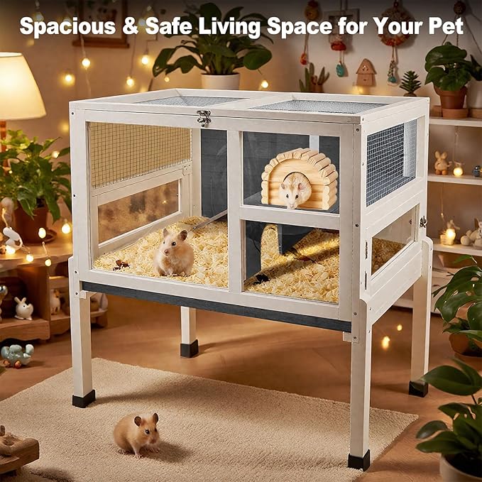 2-Story Guinea Pig Cage with Stand, Indoor Wooden Hamster Cage with Ramp, Pull-Out Tray, Hideout & Platform, Acrylic Transparent Small Animal Habitat for Chinchillas, Ferrets, Hedgehogs,Grey