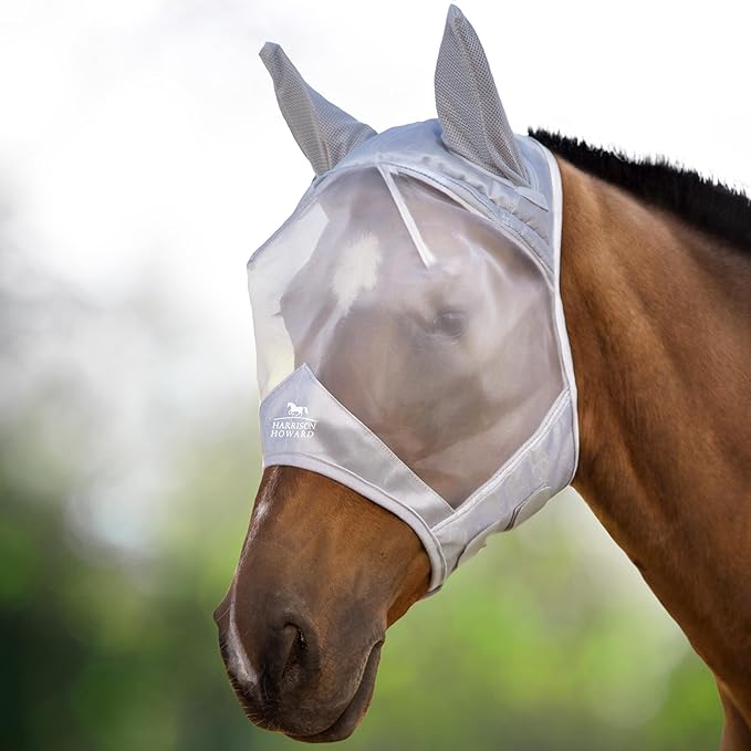 Harrison Howard CareMaster Horse Fly Mask Half Face with Ears Moonlight Silver Medium Cob