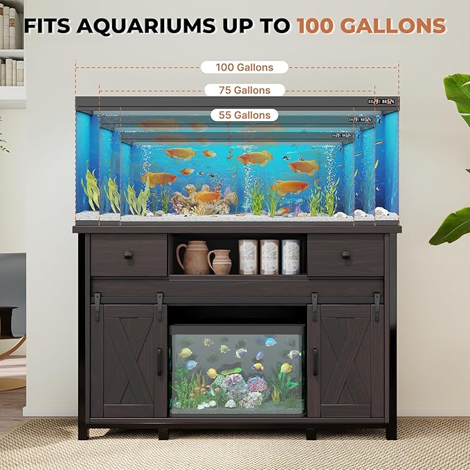 Miereirl 55-75 Gallon Fish Tank Stand with Power Outlet – Heavy Duty Aquarium Stand, Rustic Farmhouse Style, 800 lb Capacity, Adjustable Storage & Sliding Barn Doors, Dark Brown