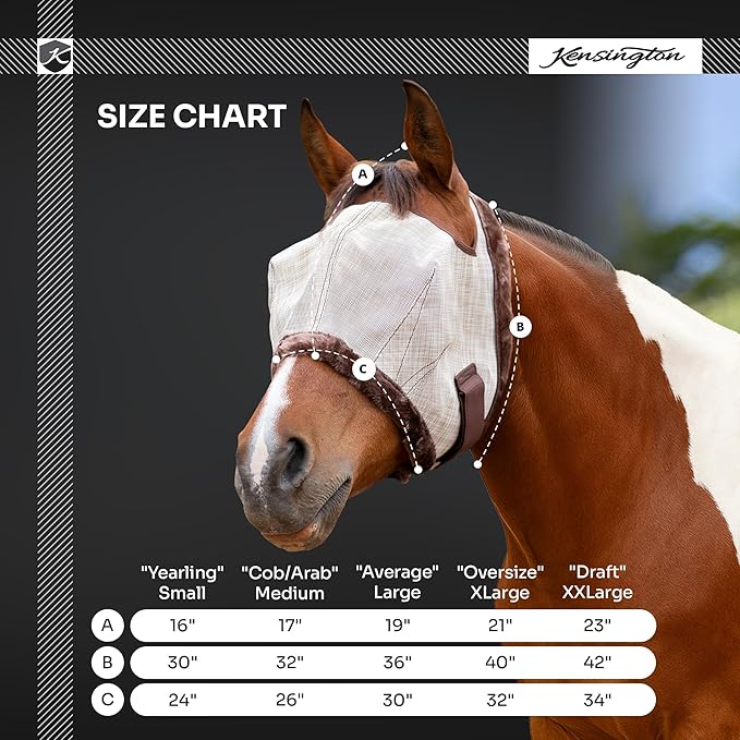 Kensington Fly Mask with Fleece Trim for Horses — Protects Face and Eyes Helps Block Sun Rays While Allowing Full Visibility — Breathable and Non Heat Transferring