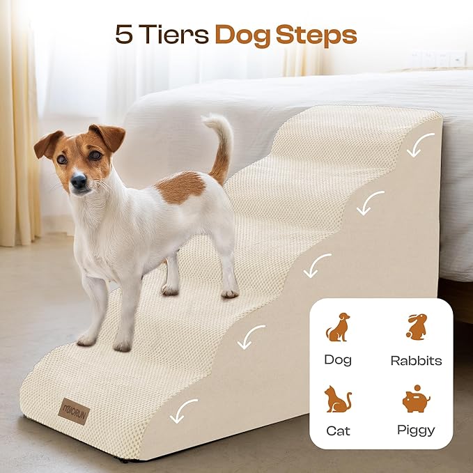 Dog Stairs for High Beds, Extra Tall 24.5" 5-Step Pet Steps for Medium & Small Dogs, Foam Ramp for Tall Couch & Bed, Washable Cover - Dog Steps for Bed