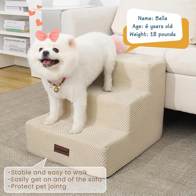 Dog Stairs for Small Dogs & Cats, 3-Step Non-Slip Pet Steps for Couch Sofa and Chair, Beige, 13.6" H