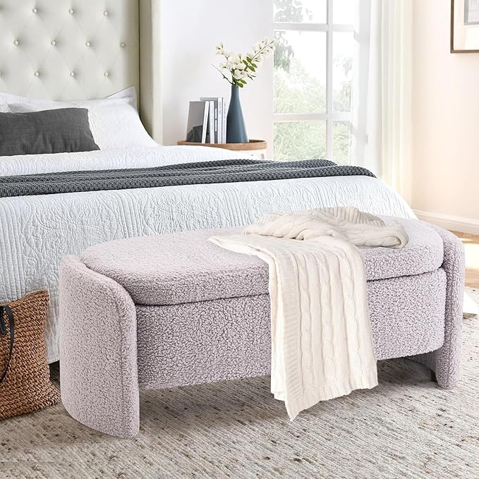 48 Inch Lamb Fleece Oval Storage Bench Upholstered Ottoman Bench with Storage, Bedroom Bench with Large Storage Space, for Bedroom Living Room Entryway, Grey