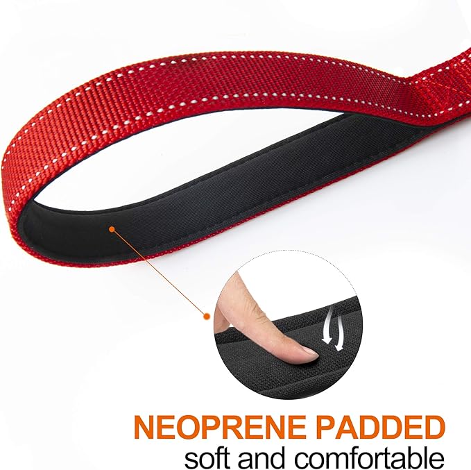 TwoEar 4FT 1IN Strong Red Dog Leash with 2 Padded Handles, Traffic Handle Extra Control, Comfortable Soft Dual Handle, Auto Lock Hook, Reflective Walking Lead for Small Medium and Large Dogs