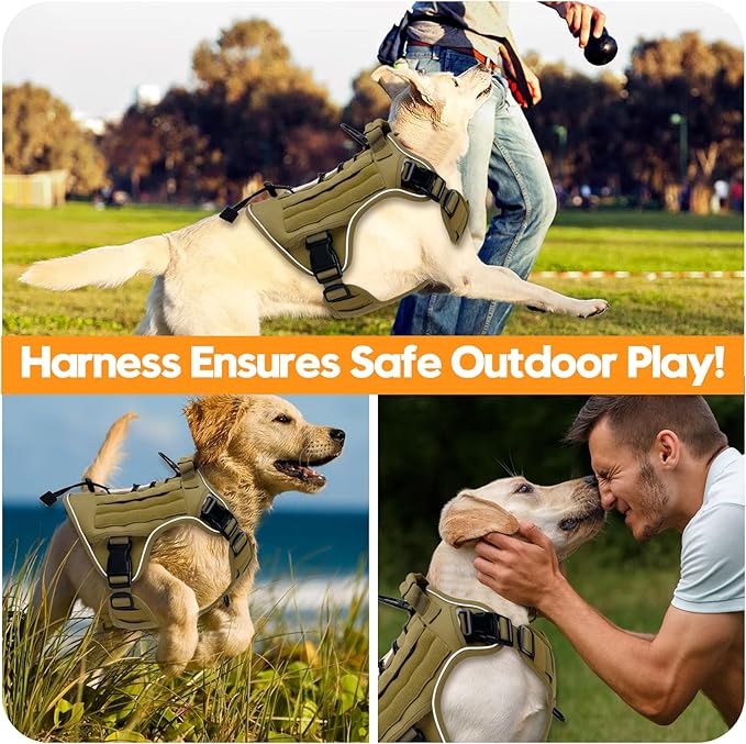 Heavy-Duty Tactical Dog Harness for Large Dogs, No Pull Adjustable Reflective Pet Vest with Molle System, K9 Military-Grade Control for Service Training, Outdoor & 10+ Breeds, Khaki, X-Large