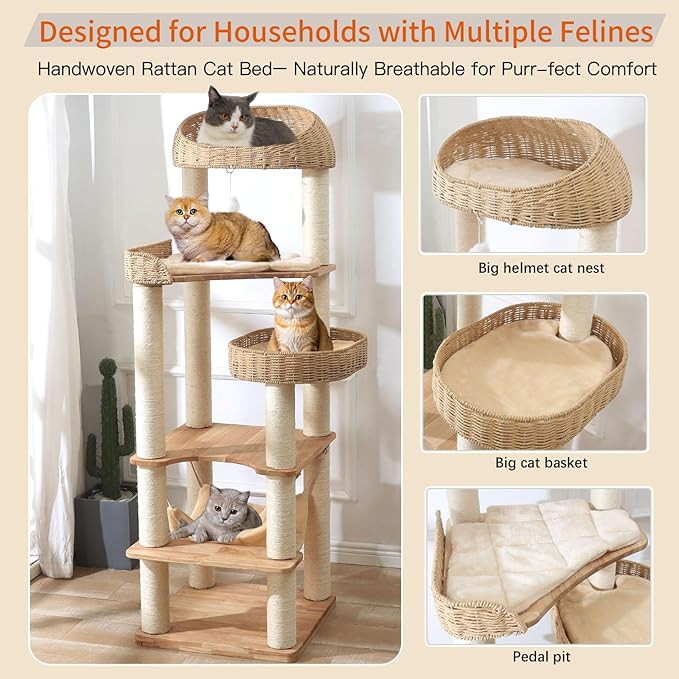 Wooden Cat Tree for Indoor Cats, 62-Inch Tall Cat Tower with Scratching Post for Large Cats, Solid Wood Cat Condo with Handwoven Basket, Modern Cat Tree Tower with Hammock, Easy to Clean