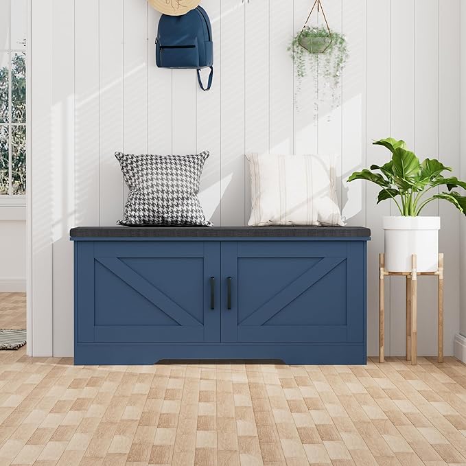 2-Tier Storage Bench, Shoe Bench with Padded Seat Cushion, Entryway Bench with 2 Barn Doors, Adjustable Shelf, 13.8" D x 39.4" W x 17.7" H, for Entryway, Living Room, Bedroom, Blue