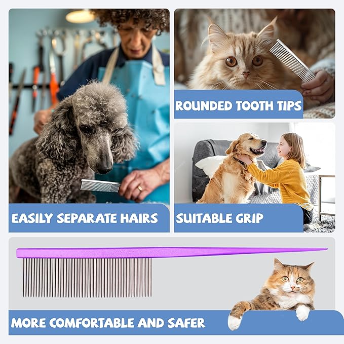 Grooming Pet Comb Rat Tail Dematting Cat and Dog Comb，Rounded Ends Design for Safe Tangle Removal, Hairstyling, Massage，Loose Hair Removal，Prevent Irritation，Fluffing Paws,Face,Tail,Remove Tear Stain
