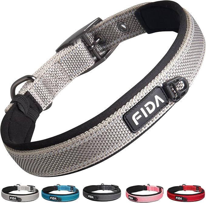 Fida Heavy Duty Dog Collar, Ultra Comfortable Soft Neoprene Padded, Adjustable Reflective Nylon Pet Collar with Durable Metal Belt Buckle for Medium Breeds (M, Grey)