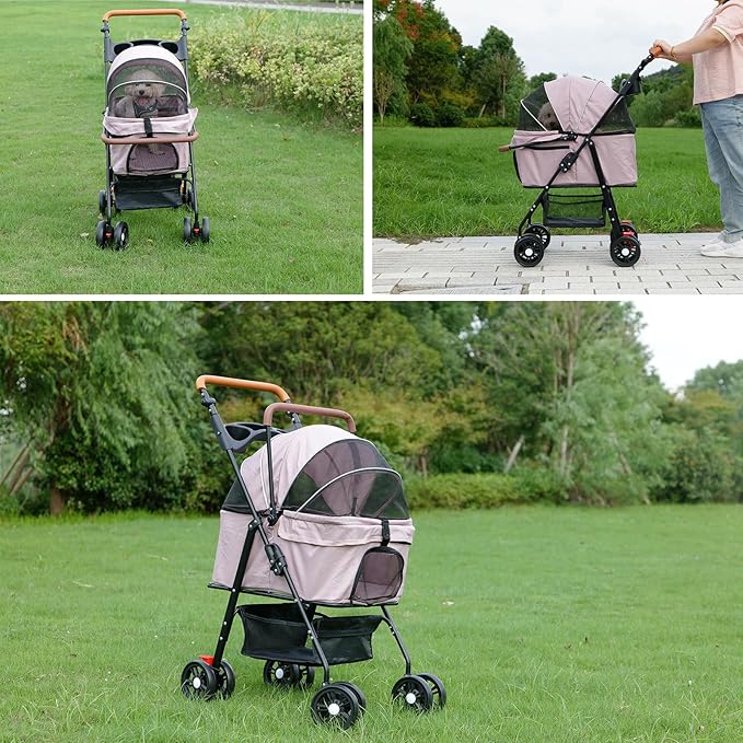 Pet Stroller with Storage Basket and Cup Holder, Folding Dog Jogger, Foldable Cat Stroller, 3 in 1 Puppy Kitten Cart, Pet Jogger for Medium Dog Cat (Pink)