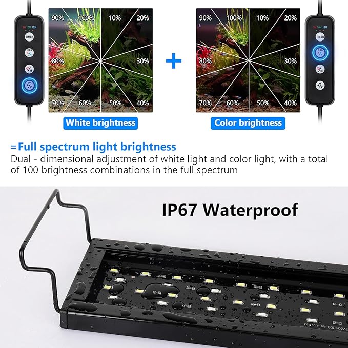AQQA Aquarium Light,Full Spectrum Fish Tank Light for Plants,3 Mode+Timer+Adjustable Brightness,High Brightness LED Beads with Extendable Brackets for Freshwater (30W for 40-48inch)
