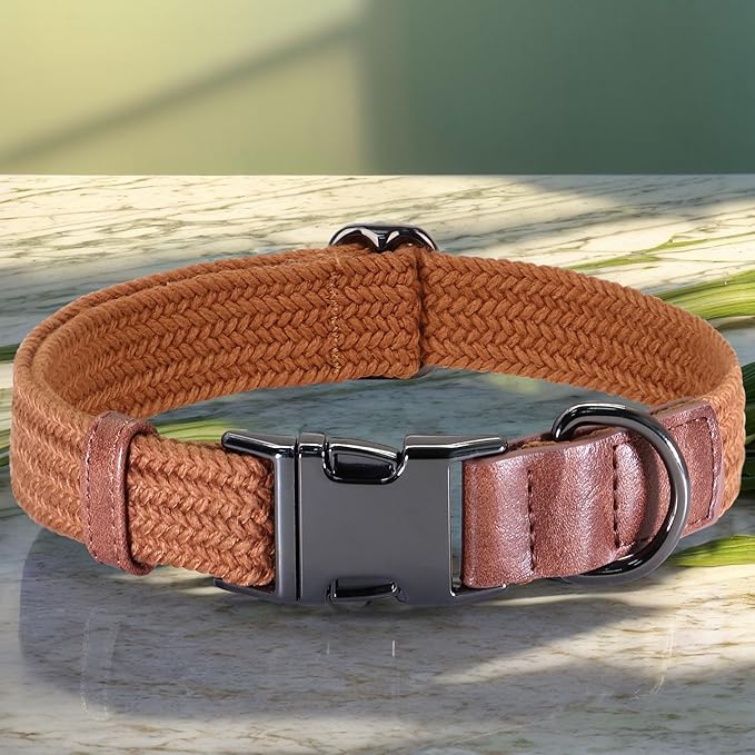 PET ARTIST Soft Cotton Dog Collar for Medium Dogs in Rustic Brown, Simple Dog Collar with Quick Release Metal Buckle & D Ring, M Size (13-21")