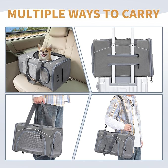 ‌Petsfit Airline Approved Pet Carrier for Small Dogs & Cats, 19x9x12 TSA Approved Carrier, with Removable Dual-Sided Padding (2-Way Placement) - Fits Under Most Airplane Seats, Escape Proof (Gray)