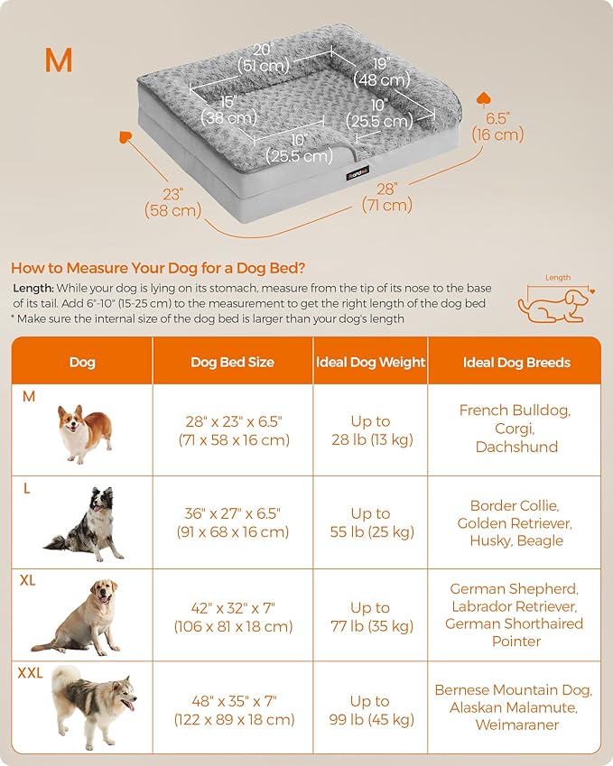 Feandrea Orthopaedic Dog Bed for Medium Dogs, Waterproof Dog Sofa Bed with Removable Washable Cover, 28 x 23 x 6.5 Inches, Dove Gray UPGW251G01