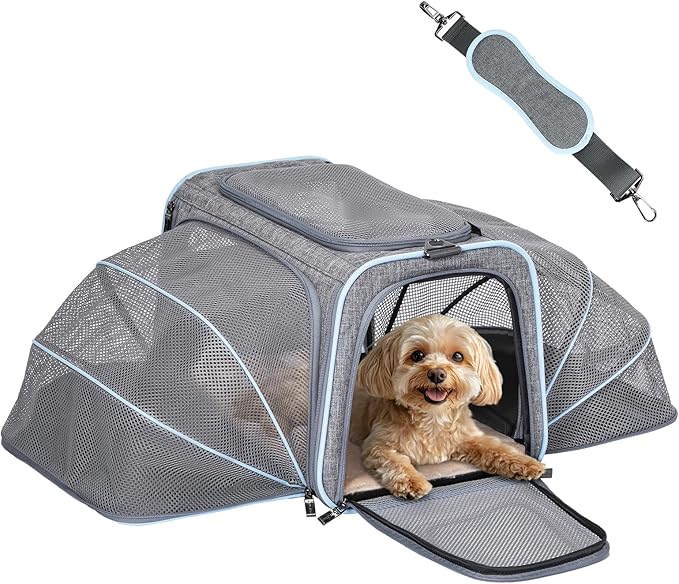 Petsfit Expandable Large Cat Carrier Small Dog Carriers Airline Approved, 17" Lx 11" Wx 11" H Soft-Sided Portable Washable Pet Travel Carrier with 2 Extension for Kittens, Puppies, Rabbits