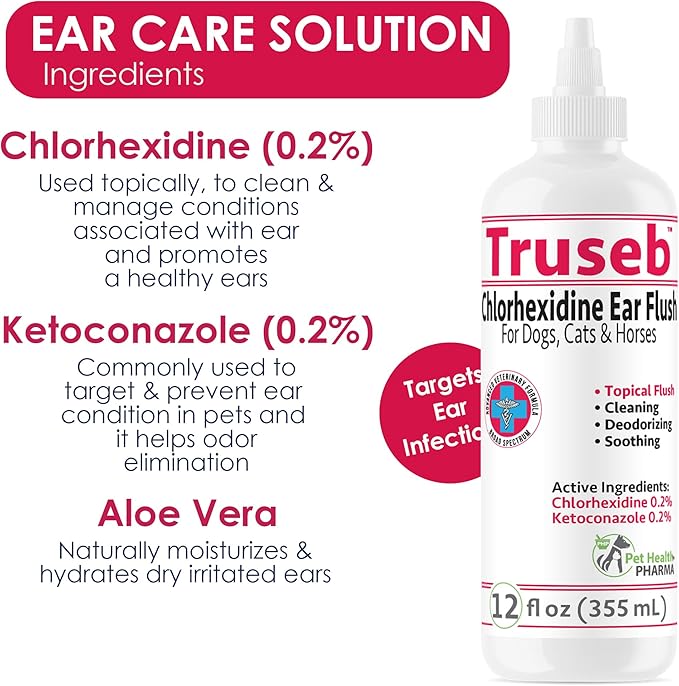 All Natural Ear Flush for Dogs & Cats, Ketoconazole & Chlorhexidine Ear and Vet-Strength Ear wash with a Light Scent (USA) (Ketoconazole & Chlorhexidine Ear Flush, 12 oz)