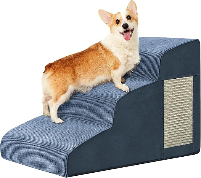 Pet Stairs for Small Dogs - 3-Step Curved Dog Ramp for Bed, Couch, Sofa, Car and Chairs - Non-Slip Bottom Design - High Density Foam Portable Pet Step - Navy