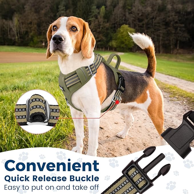 Funfox Dog Harness No Pull, Adjustable Pet Vest Harness, Super Soft Material with Vertical Handle Easy Control, Reflective Night Walking, 2 Leash Clips for XLarge Dogs, Army Green, XL