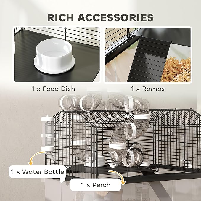 PawHut Large Hamster Cage with 12" Deep Tray, 2 Tier Gerbil Cage with Tube System, Water Bottle, Ramp, Feeding Bowl, 23" x 17" x 22", Black