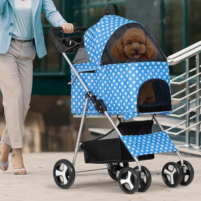 Magshion Foldable Pet Stroller, 3-in-1 Dog Travel Jogger with Detachable Carrier, Cup Holder, Storage Basket, Folding Carrier for Small/Medium Dogs & Cats Up to 33 lbs, Sky Blue Polka Dots