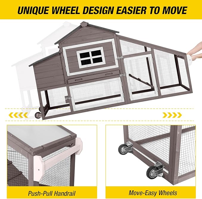 Aivituvin Chicken Coop Outdoor with Wheels, Mobile Hen House Wooden Poultry Cage with Run & Waterproof Roof (Grey with White)