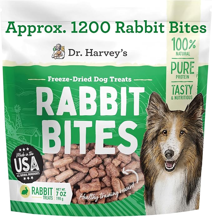 Dr. Harvey's Rabbit Bites Freeze-Dried Raw Dog Treats, Single Ingredient, All-Natural Rabbit Meat Protein for Dogs, Allergen-Free, 7 Ounces (1 Pack)