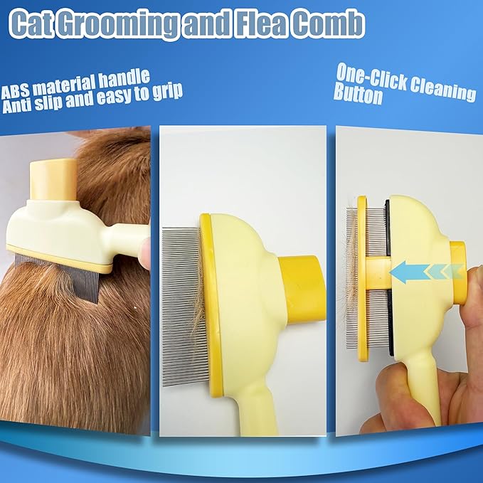 Flea Comb for Dogs and Cats with Release Button Fine Tooth Dog Comb for Grooming Massaging and Cleaning Remove Fleas Eggs Pet Hair Removal for Short and Long Hair 2 Pack