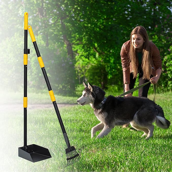 Niubya Pooper Scooper for Dogs, Metal Poop Scooper Tray and Rake Set with Adjustable Long Handle, Dog Pooper Scooper for Pet Waste Removal