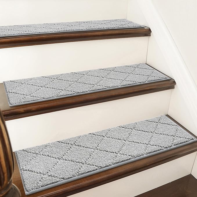 COSY HOMEER Edging Stair Treads Non-Slip Carpet Mat 28inX9in Indoor Stair Runners for Wooden Steps, Edging Stair Rugs for Kids and Dogs, 100% Polyester TPE Backing (4pc, Grey)