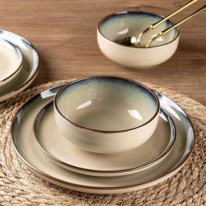 GBHOME Ceramic Dinnerware Sets for 4, 12 Pieces Stoneware Plates and Bowls Sets, Scratch Resistant Dishes, Dishwasher & Microwave Safe, Reactive Glaze-Gravel