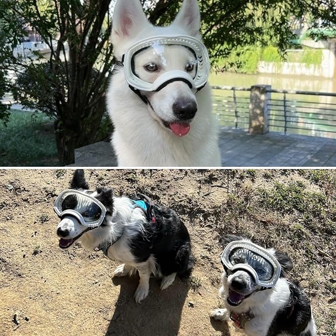 Dog Sunglasses UV Protection Clear Dog Goggles Windproof Glasses with Elastic Straps for Medium-Large Breed, White Frame + Clear Lens
