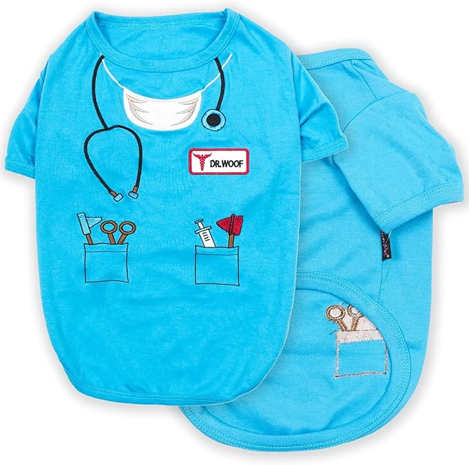 Parisian Pet Doctor Woof Shirt - Embroidered Pirate Costume - Cotton & Polyester Outfit - Sleeved Clothes - Blue Funny Shirts for Large Dogs - Pet Costumes - 3XL