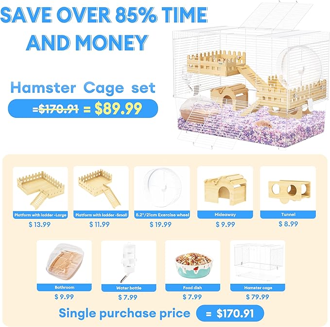 BUCATSTATE Hamster Cage Includes 8 in 1 Accessories, 3-Level Hamster Rat Cage and Habitats for Gerbil, Mice, Syrian Dwarf Hamster (24.4" L x 13.8" W x 16.9" H)