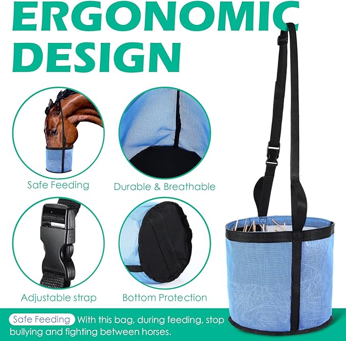 2 Pcs Horses Feed Horse Bag for Grain Hay Bags Heavy Duty Mesh Horse Feeder with Adjustable Strap Comfort Neck Pad Nose Pad and Waterproof Bottom Muzzle(Blue)